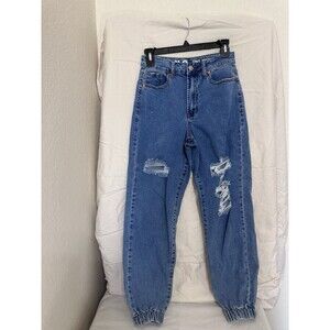 S.O.N.G. Distressed Jogger Women's Blue Denim Jeans 5-Pocket Elastic Cuffs
